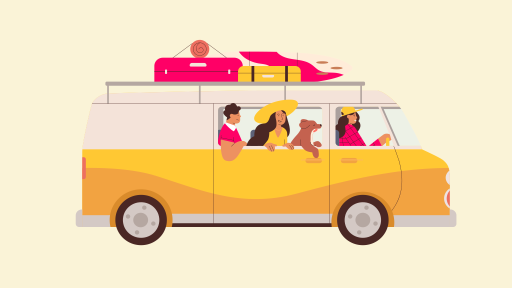 ilustração pessoas indo viajar numa van amarela