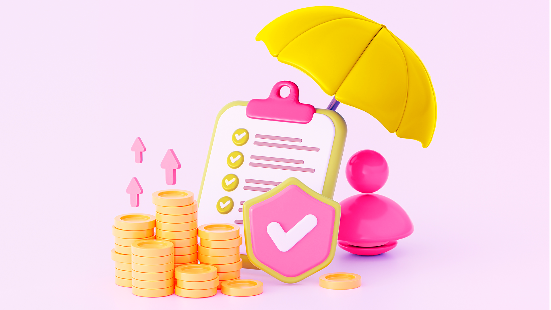 ilustração com dinheiro guarda chuva e check em rosa e amarelo